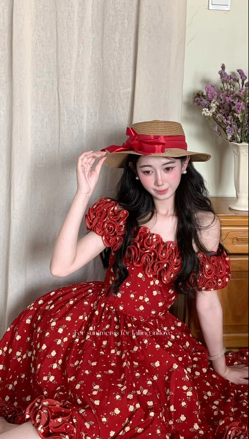 Jolie Robe d'Anniversaire Épaules Dénudées, Robe d'Été en Satin Coupe A, Robe de Soirée Bordeaux ES07230