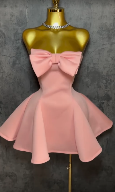 Robe de cocktail chic sans bretelles coupe trapèze en satin, robe de soirée de remise de diplôme, robe d'anniversaire rose ES07240