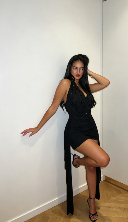Chic Halter Birthday Dress Sheath Chiffon Rhinstones Graduation Dress Black Party Dress ES07257