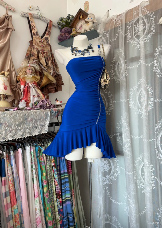 Chic Strapless Birthday Dress Sheath Chiffon Graduation Dress Blue Party Dress ES07259
