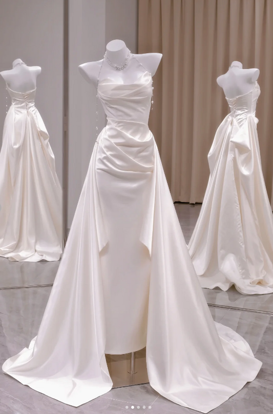 Modest Strapless Sheath Wedding Dress Ivory Satin Bridal Gown Elegant Sleeveless Bridal Dress EW001