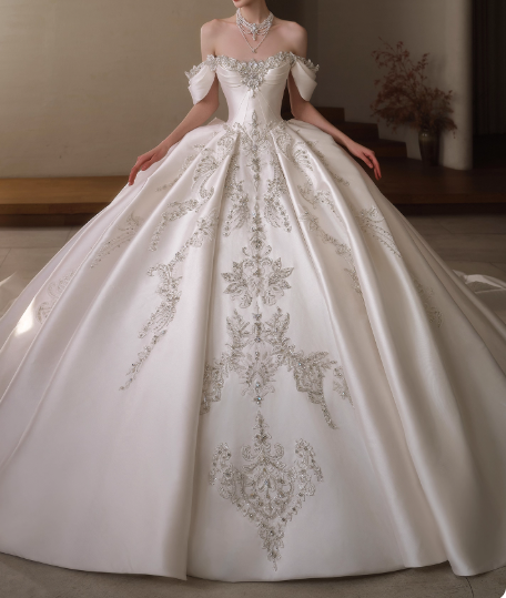 Princess Off-the-shoulder Ball Gown White Wedding Dress Satin Beaded Bridal Dress Elegant Bridal Gown EW004
