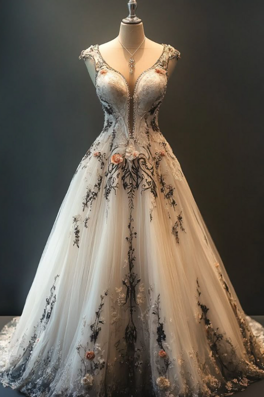 Princess V-neck Ball Gown White Wedding Dress Tulle Applique Bridal Dress Elegant Bridal Gown EW005