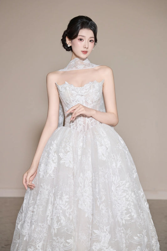 Timeless Strapless Wedding Dresses Applique A-Line Tulle Bridal Gowns Sleeveless White Bridal Dresses EW0103