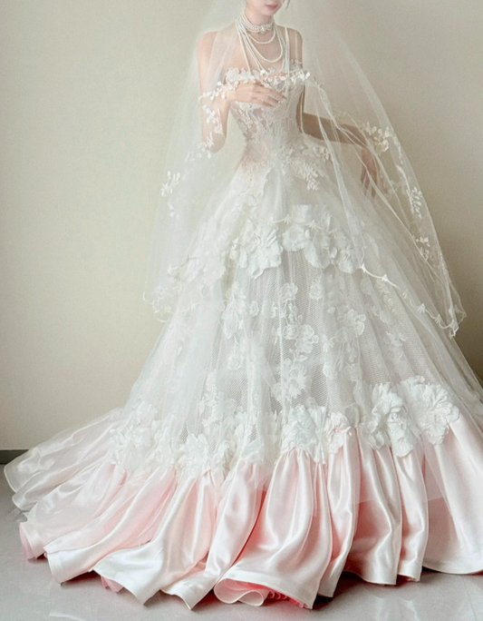 Vintage Strapless Wedding Dresses A-Line Lace Bridal Gowns Sleeveless White/Pink Bridal Dresses EW0105