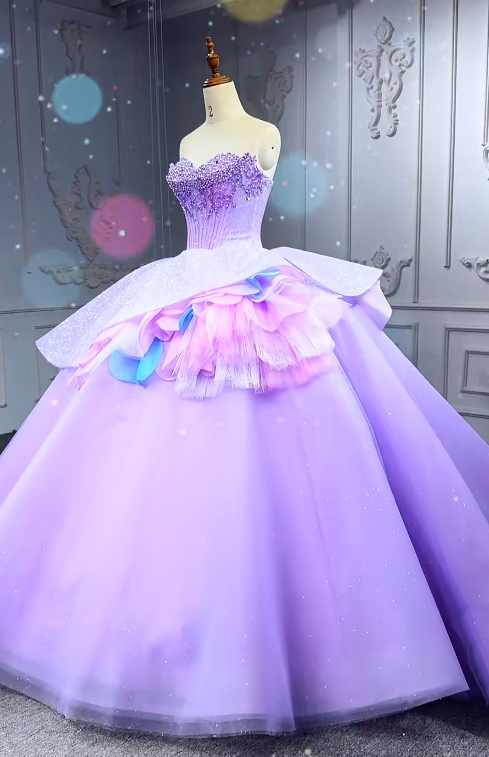 Gorgeous Strapless Ball Gown Tulle Long Prom Dresses Beaded Purple Quinceanera Dresses Sweet 16 Dress EW0111