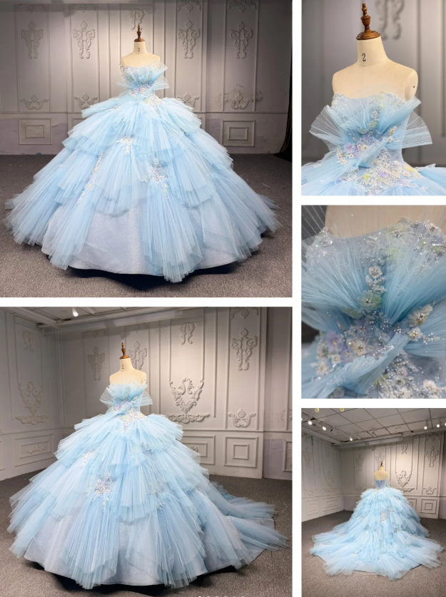 Gorgeous Strapless Ball Gown Tiered Tulle Long Prom Dresses Applique Light Blue Quinceanera Dresses Sleeveless Sweet 16 Dress EW0112