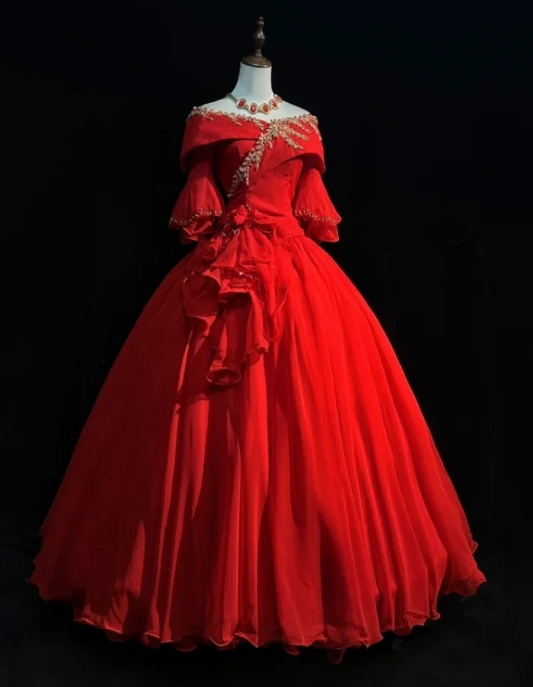 Fairy Off-the-shoulder Ball Gown Beaded Chiffon Long Prom Dresses Red Quinceanera Dresses Long Sleeve Sweet 16 Dress EW0114