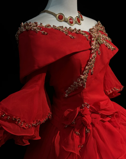 Fairy Off-the-shoulder Ball Gown Beaded Chiffon Long Prom Dresses Red Quinceanera Dresses Long Sleeve Sweet 16 Dress EW0114