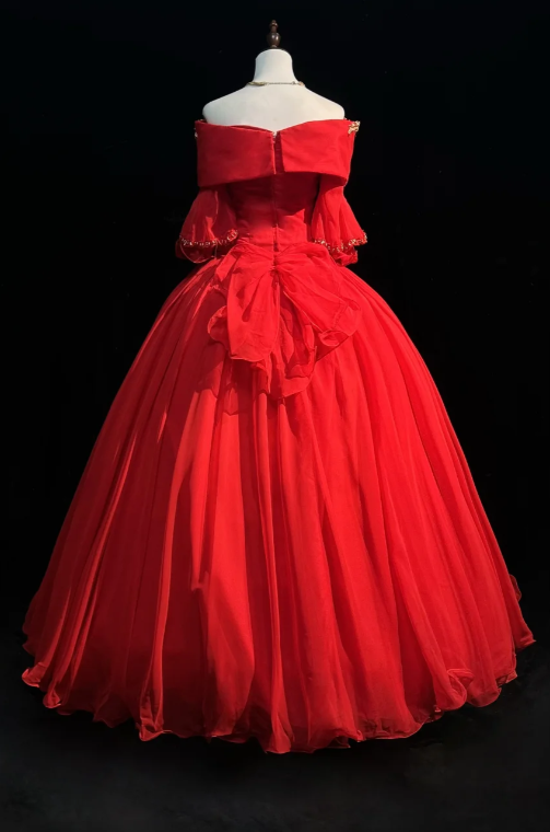 Fairy Off-the-shoulder Ball Gown Beaded Chiffon Long Prom Dresses Red Quinceanera Dresses Long Sleeve Sweet 16 Dress EW0114