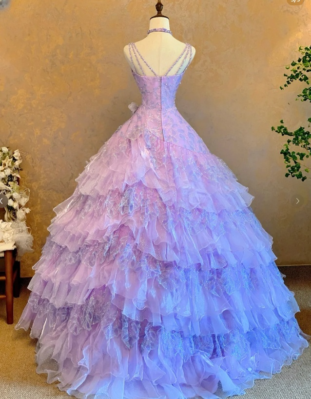 Fairy Spaghetti Strap Ball Gown Beaded Tulle Long Prom Dresses Lilac Quinceanera Dresses Sleeveless Sweet 16 Dress EW0116