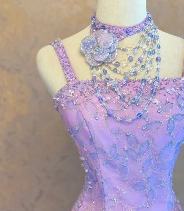 Fairy Spaghetti Strap Ball Gown Beaded Tulle Long Prom Dresses Lilac Quinceanera Dresses Sleeveless Sweet 16 Dress EW0116