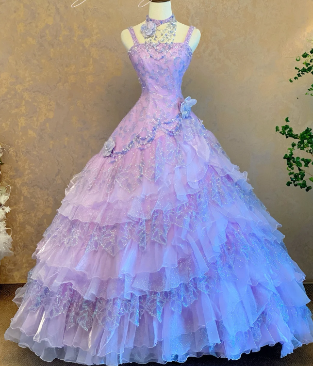 Fairy Spaghetti Strap Ball Gown Beaded Tulle Long Prom Dresses Lilac Quinceanera Dresses Sleeveless Sweet 16 Dress EW0116