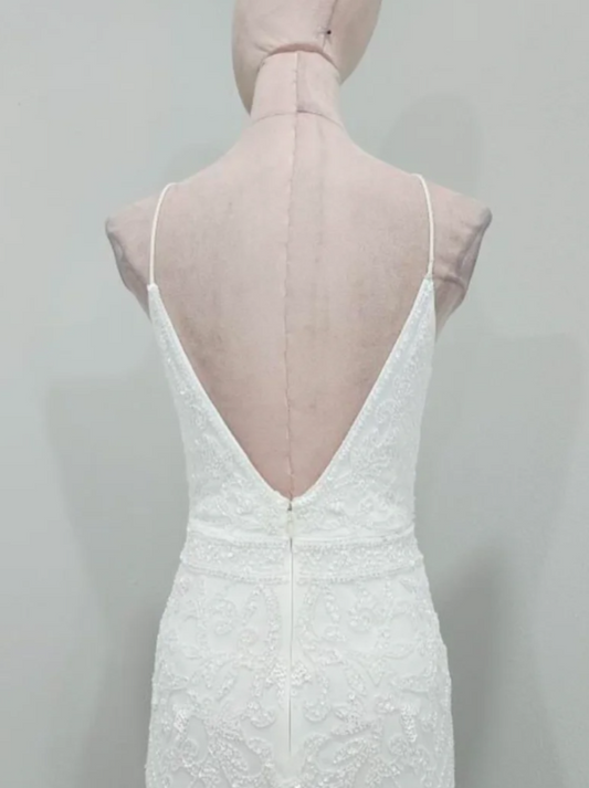 Vintage Spaghetti Strap Sheath Chiffon Beading Luxury Wedding Dresses, Elegant White Bridal Gowns EW032