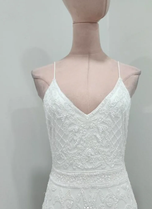 Vintage Spaghetti Strap Sheath Chiffon Beading Luxury Wedding Dresses, Elegant White Bridal Gowns EW032
