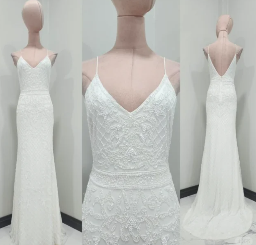 Vintage Spaghetti Strap Sheath Chiffon Beading Luxury Wedding Dresses, Elegant White Bridal Gowns EW032