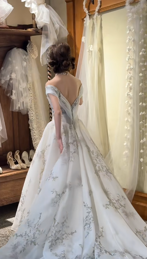 Elegant Off-the-shoulder Ball Gown with Tulle Appliques Luxury Wedding Dresses, Backless White Bridal Gowns EW037