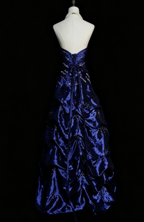Robe de bal chic bleu marine fourreau bustier en satin longue robe de soirée EW04782