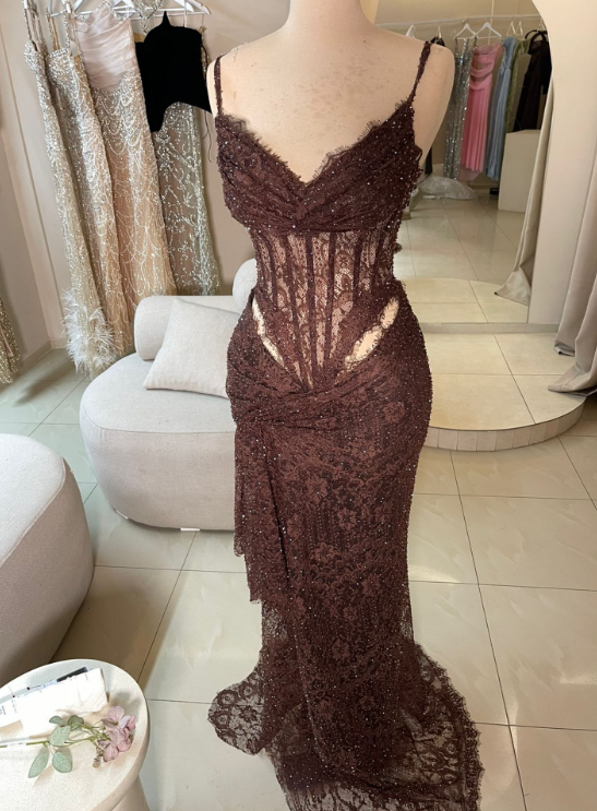 Chic Brown Prom Dress Sheath Spaghetti Straps Lace Long Evening Dress EW04784