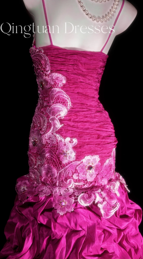 Elegant Spaghetti Straps Sheath Satin Long Evening Dress Hot Pink Prom Dress EW04793