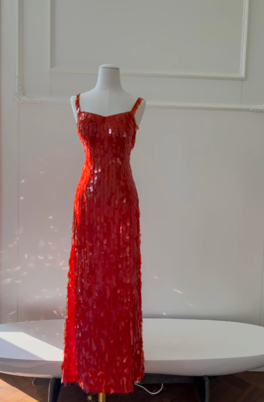 Chic Red Wedding Guest Dress Spaghetti Straps Sheath Sequins Long Evening Dress EW04811