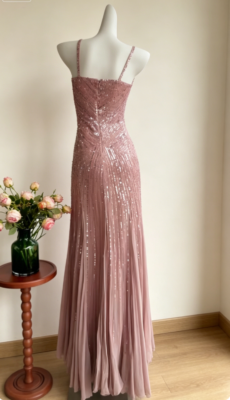Chic Spaghetti Straps Sheath Beaded Chiffon Long Evening Dress Dusty Pink Prom Dress EW04815