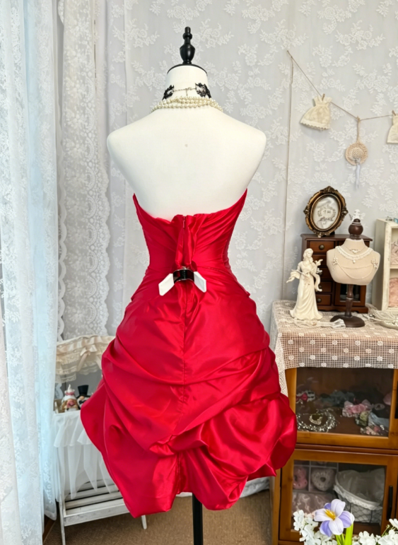 Élégante robe d'anniversaire rouge, bustier en satin, robe de cocktail trapèze, robe de soirée EW04822