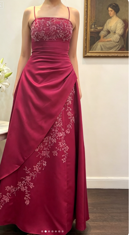 Classy Spaghetti Straps A-Line Satin Long Evening Dress Beaded Burgundy Prom Dress EW04826