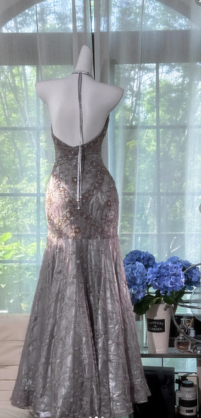 Vintage V-neck Mermaid Lace Chiffon Long Prom Dresses, Silver Grey Formal Evening Dresses EW054