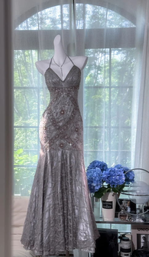 silver chiffon prom dress Long Chiffon Embroidered-Bodice Prom Dress Silver / Medium