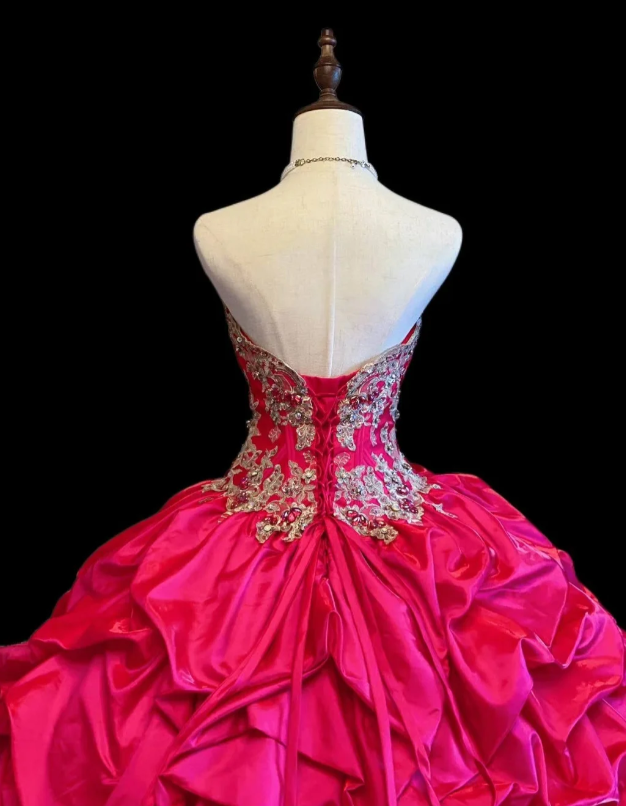 Cute Sweetheart Neck Ball Gown Taffeta Appliqué Long Prom Dresses, Hot Pink Quinceanera Dresses EW058