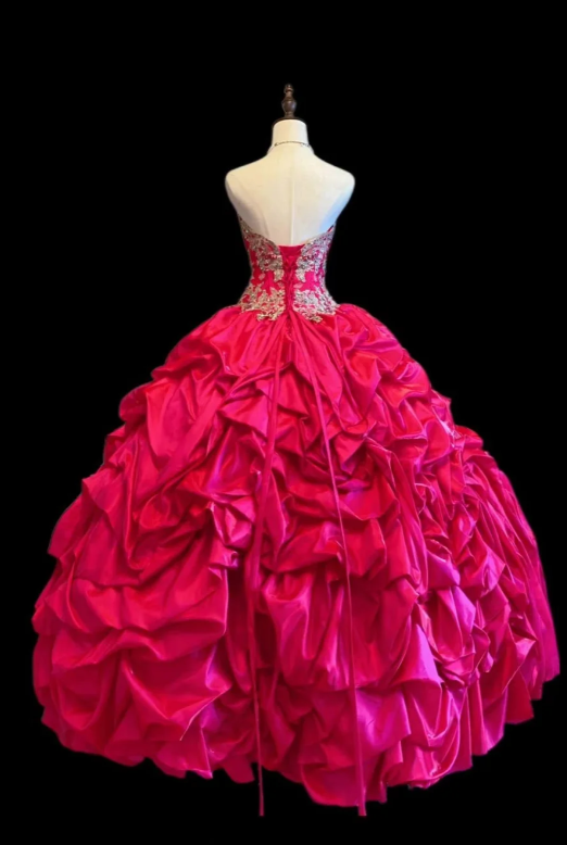 Cute Sweetheart Neck Ball Gown Taffeta Appliqué Long Prom Dresses, Hot Pink Quinceanera Dresses EW058