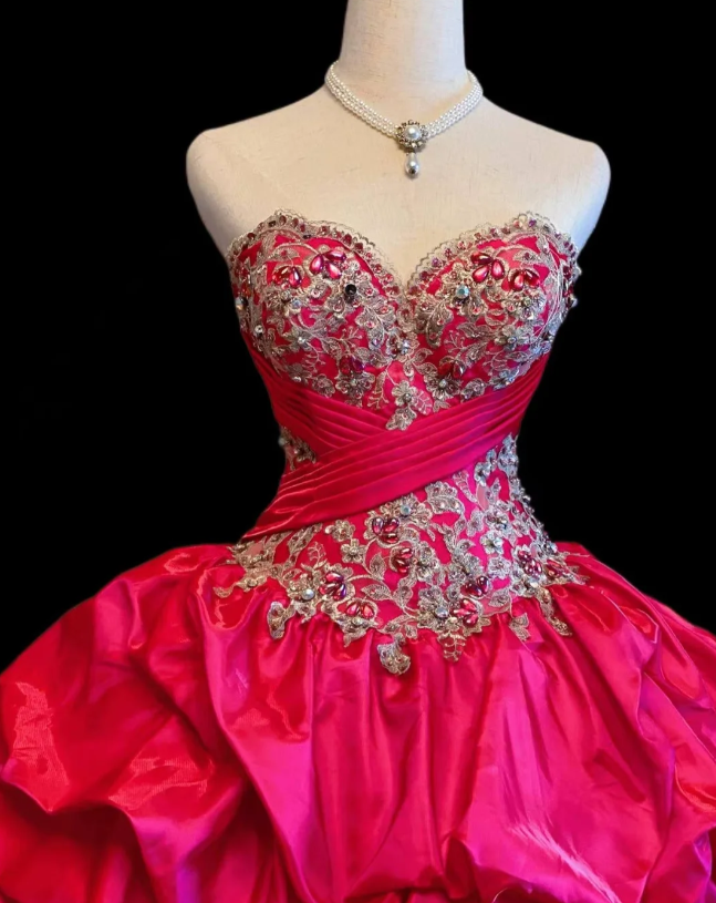 Cute Sweetheart Neck Ball Gown Taffeta Appliqué Long Prom Dresses, Hot Pink Quinceanera Dresses EW058