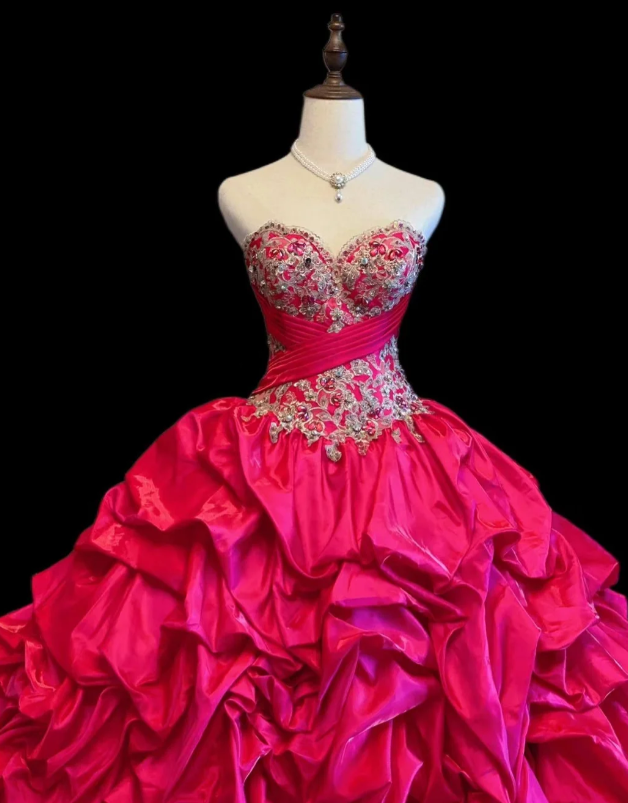 Cute Sweetheart Neck Ball Gown Taffeta Appliqué Long Prom Dresses, Hot Pink Quinceanera Dresses EW058