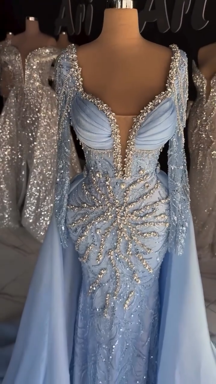 Elegant V-neck Sheath Chiffon Beaded Long Prom Dresses, Pale Blue Formal Evening Dresses EW061