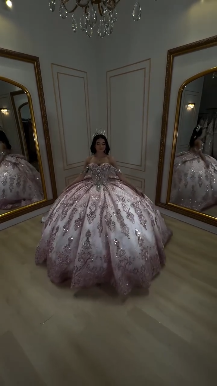Gorgeous Off-the-shoulder Ball Gown Tulle Sequin Long Prom Dresses, Pink Quinceanera Dresses Sweet 16 Dress EW062