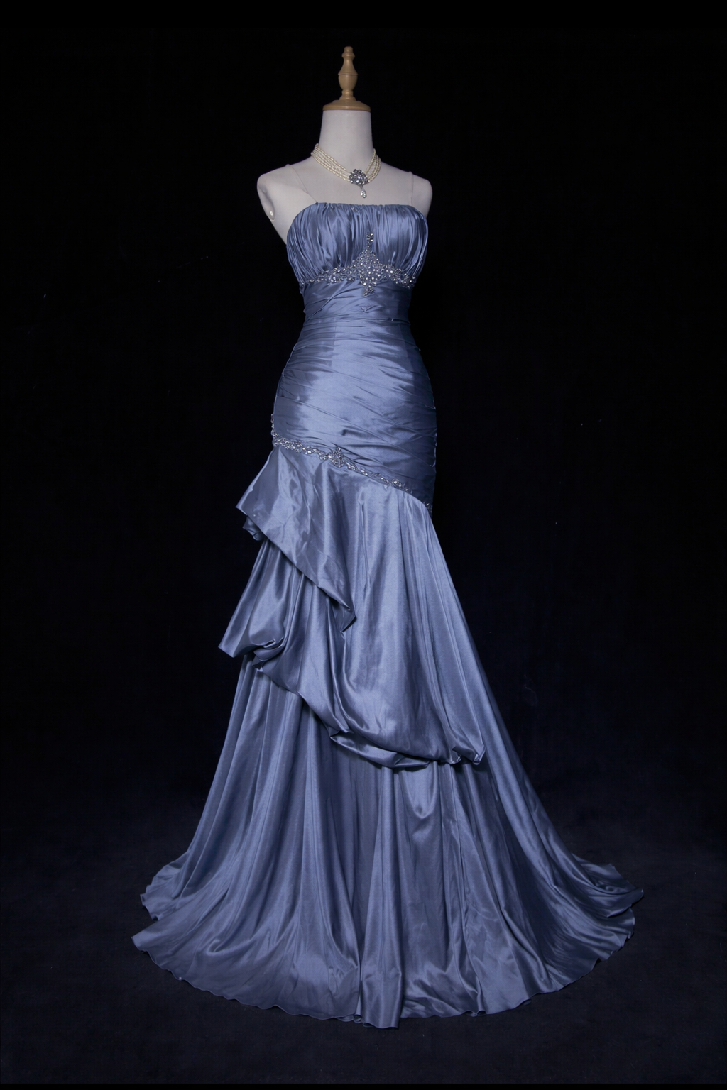 Gray Blue Prom Dress Fashion Strapless Sheath Satin Long Evening Dress EW0676