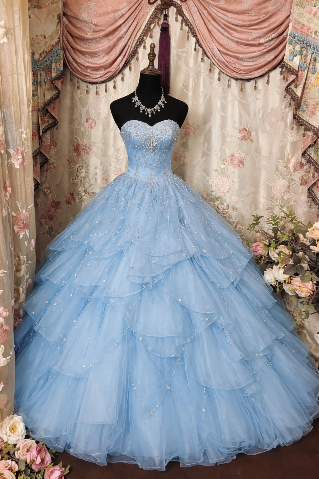 pale blue a line dress A1437 - LIGHT BLUE LEAF MOTIF APPLIQUED A-LINE DRESS - Andrea & Leo Couture