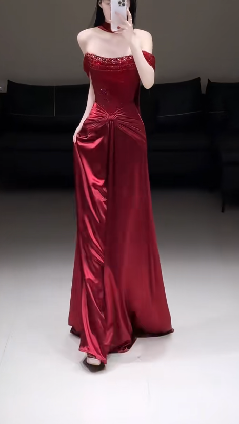 Classy Sheath Burgundy Long Evening Dress Off-shoulder Satin Prom Dress EW07169