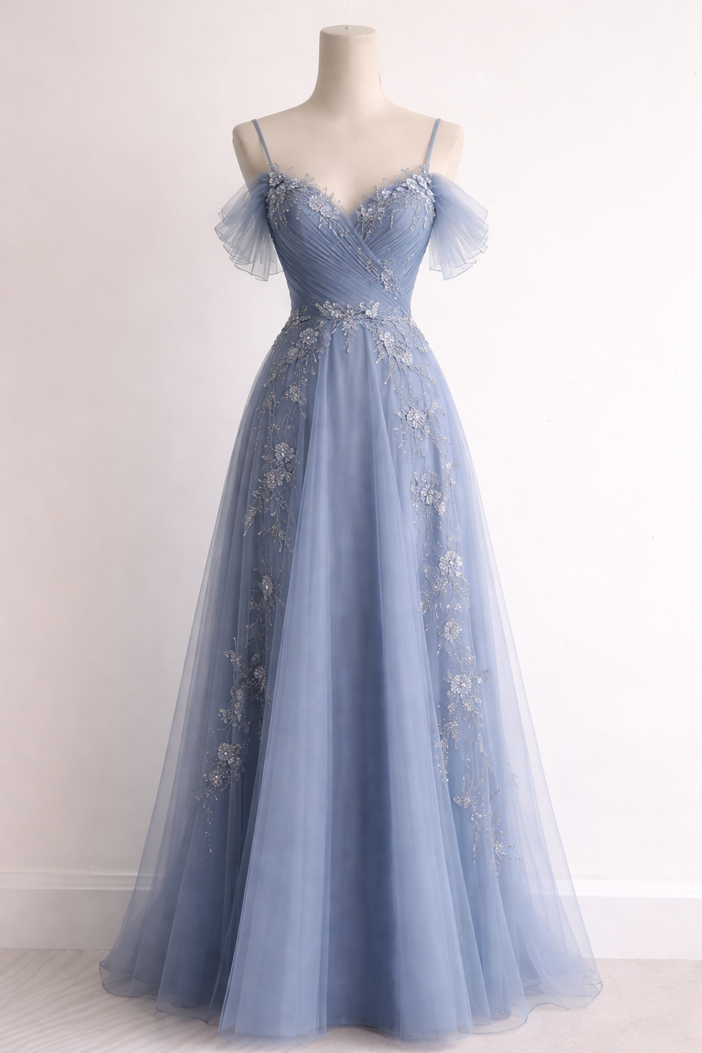 Élégante Robe de Soirée Longue en Chiffon Évasée avec Perles, Bretelles Fines, Bleu Poussière, Robe de Bal EW07182