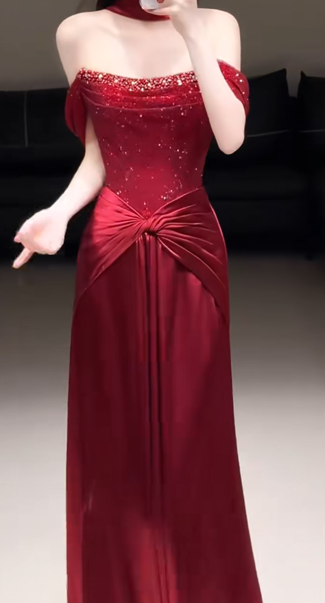 Chic Burgundy Prom Dress Off-shoulder Sheath Tulle Long Evening Dress EW0724