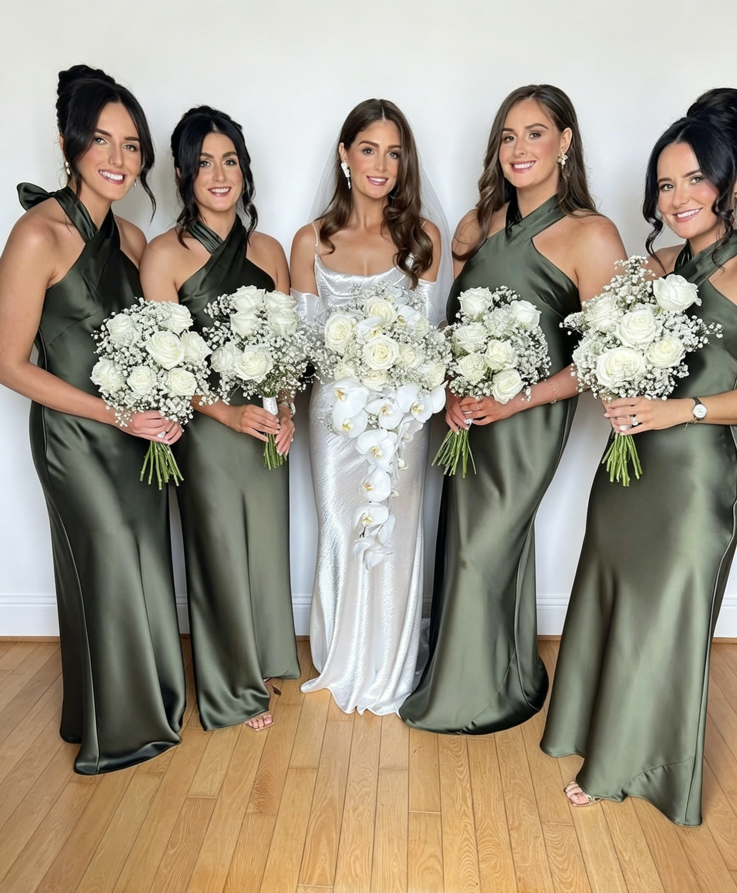 Robe de demoiselle d'honneur chic vert licou fourreau longue robe de soirée en satin robe de cérémonie EW0726
