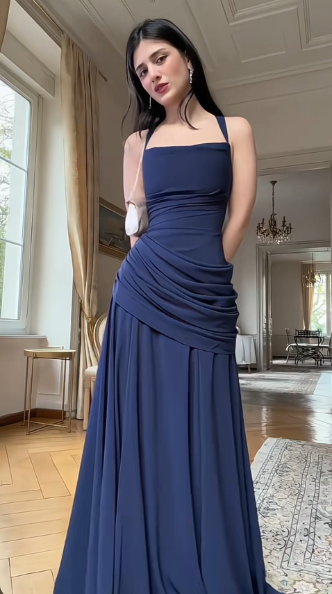 Elegantes marineblaues Hochzeitsgastkleid mit Trägern, Etui-Abendkleid, langes Chiffon-Abendkleid EW0728