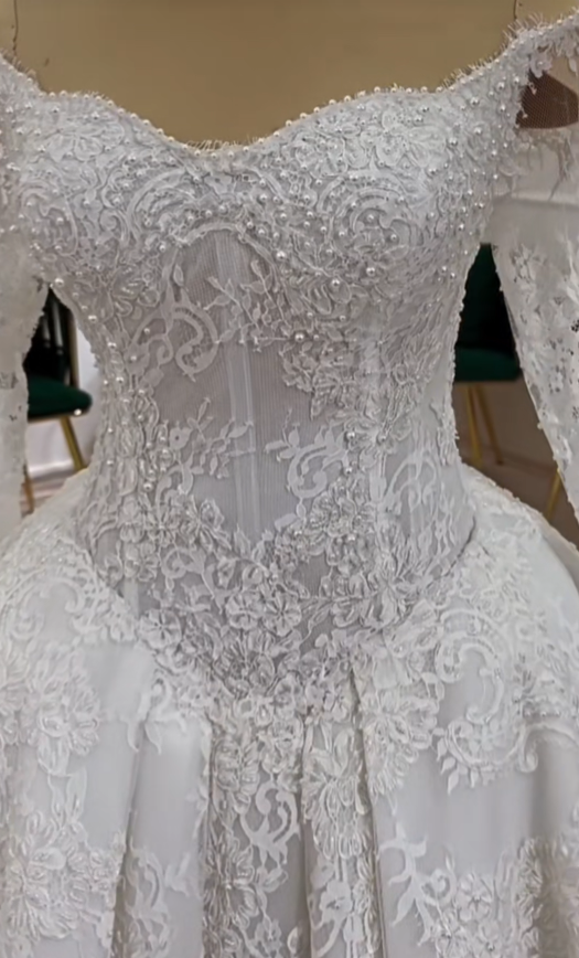 Chic A-Line Lace Wedding Dress Off-shoulder White Bridal Dress Sleeves Beaded Bridal Gown EW07503