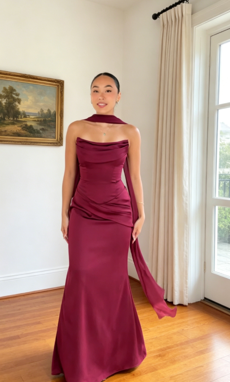 Elegant Burgundy Bridesmaid Dress Strapless Sheath Satin Long Evening Dress EW07822
