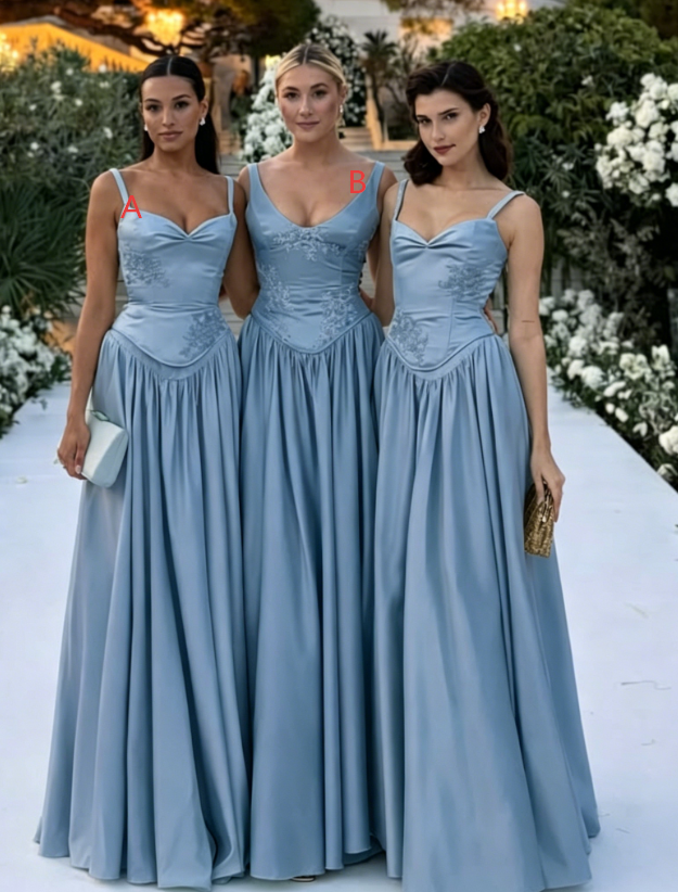 Chic Dusty Blue Bridesmaid Dress Straps A-Line Satin Long Evening Dress EW07827
