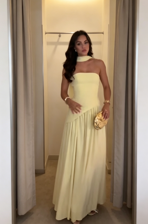 Robe de demoiselle d'honneur jaune chic sans bretelles Fourreau longue robe de soirée en mousseline Robe d'invitée de mariage EW07842