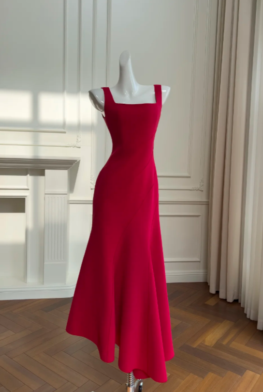 Robe de demoiselle d'honneur longue et chic, rouge, avec bretelles, fourreau, en satin, pour invitée de mariage EW07847