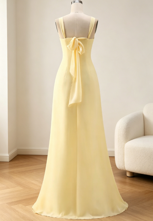 Elegantes gelbes Brautjungfernkleid, schulterfrei, Etui-Form, langes Abendkleid, Chiffon Hochzeitsgastkleid EW07848