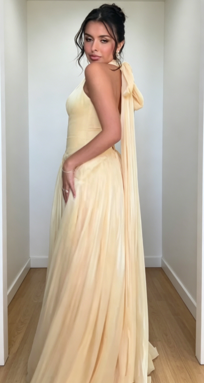 Chic Halter A-Line Chiffon Long Evening Dress Yellow Bridesmaid Dress EW07855